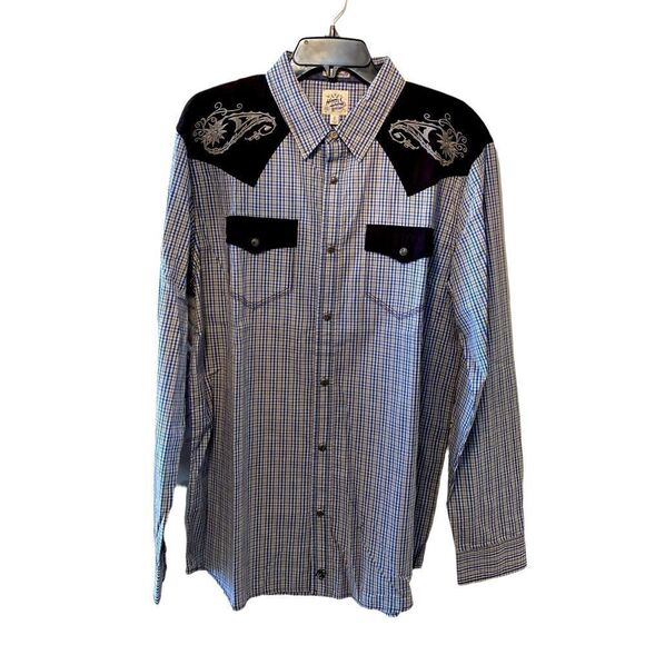 Moon shine plaid blue white black plaid pockets covered snaps embroidery - Picture 1 of 6
